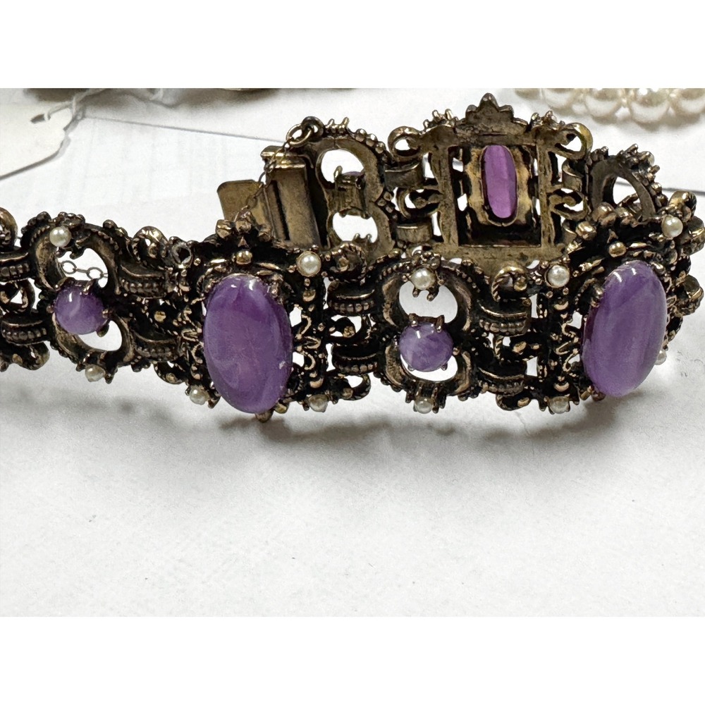 Unsigned Selro Selini antique 1837- 1901 Bronze Bracelet Purple Cabochon Stone